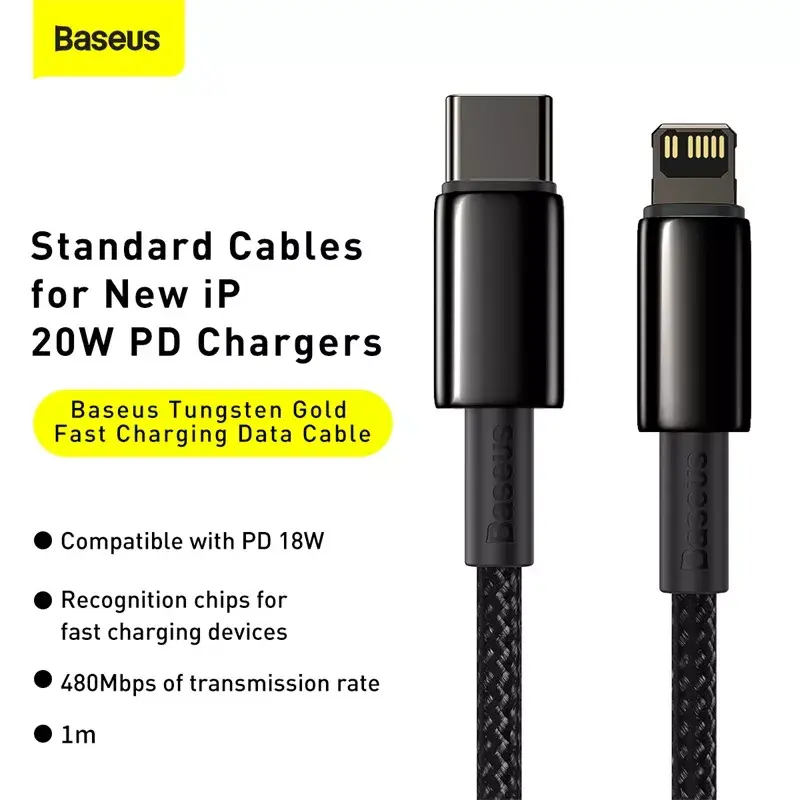 Kabel Baseus Tungsten Gold 1 m zwart Lightning naar USB-C