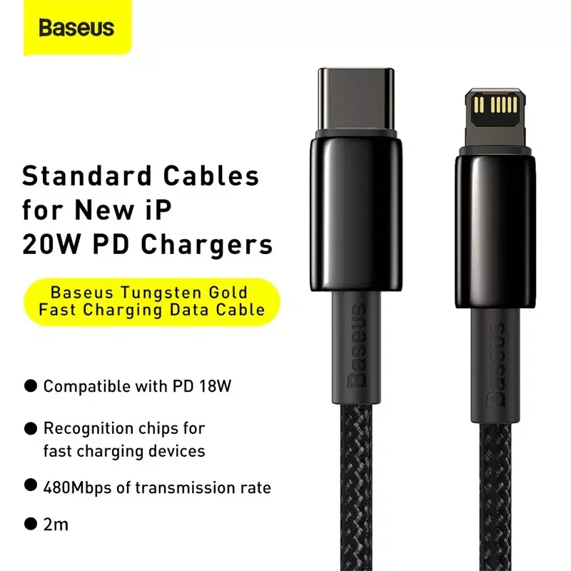 Kabel Baseus Tungsten Gold 2 m zwart Lightning USB-C