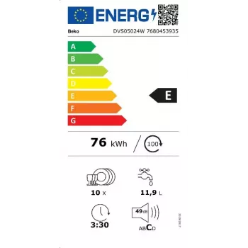 Smal vrijstaande vaatwasser BEKO DVS05024W — 10 couverts, 45 cm, 49 dB, energieklasse E