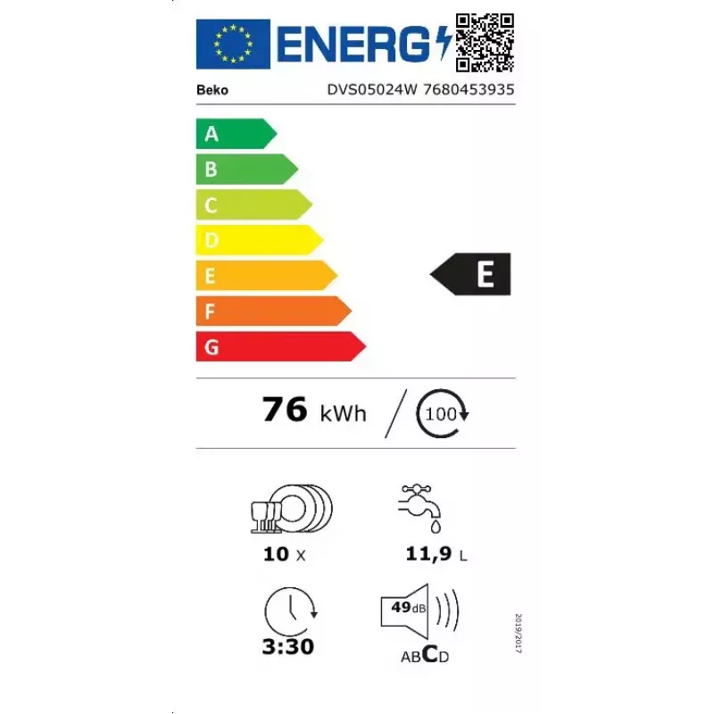 Smal vrijstaande vaatwasser BEKO DVS05024W — 10 couverts, 45 cm, 49 dB, energieklasse E