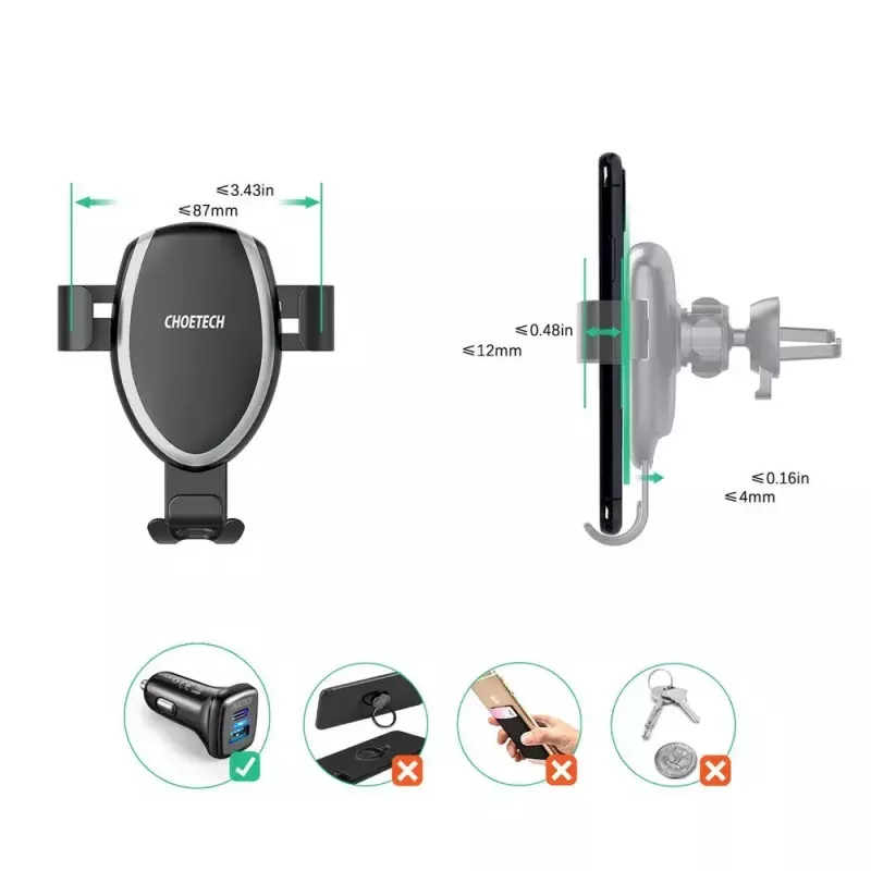 Autohouder voor telefoon CHOETECH T536-S met 10W draadloos laden, montage op dashboard/voorruit