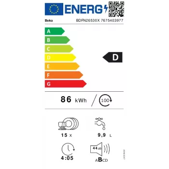 Vrijstaande vaatwasser BEKO BDFN26530X, volledige maat 60 cm, 15 couverts, 44 dB, 6 programma's