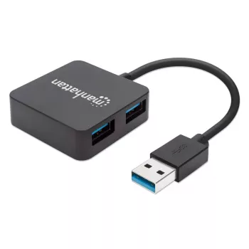 Manhattan USB-A 4-poorts hub, 4x USB-A-poorten, 5 Gbps (USB 3.2 Gen1 aka USB 3.0), USB-gevoed (geen externe voeding nodig). Snel opladen: 1 poort tot 0,9 A; opladen op 4 poorten vereist externe voeding (niet meegeleverd), voldoet aan ST4300MINU3B