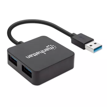 Manhattan USB-A 4-poorts hub, 4x USB-A-poorten, 5 Gbps (USB 3.2 Gen1 aka USB 3.0), USB-gevoed (geen externe voeding nodig). Snel opladen: 1 poort tot 0,9 A; opladen op 4 poorten vereist externe voeding (niet meegeleverd), voldoet aan ST4300MINU3B