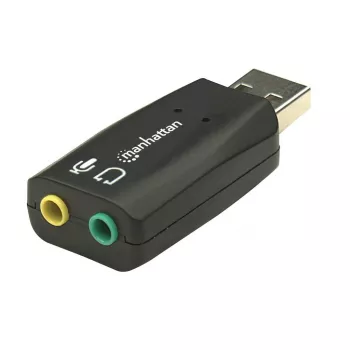 Manhattan USB-A geluidsadapter, USB-A naar 3,5 mm microfooningang en audio-uitgang, 480 Mbit/s (USB 2.0), ondersteunt 3D en virtuele 5.1 surround sound, Hi-Speed USB, zwart, drie jaar garantie