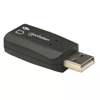 Manhattan USB-A geluidsadapter, USB-A naar 3,5 mm microfooningang en audio-uitgang, 480 Mbit/s (USB 2.0), ondersteunt 3D en virtuele 5.1 surround sound, Hi-Speed USB, zwart, drie jaar garantie