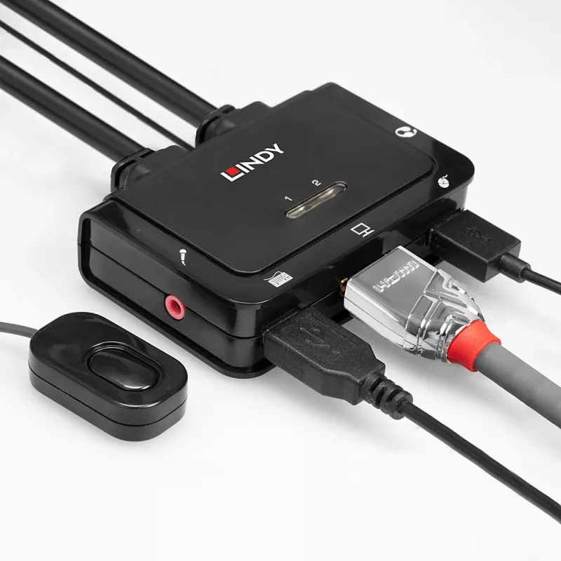 Lindy 2-poorts HDMI 4K30, USB 2.0 en audio kabel KVM-switch, 1920 x 1080 pixels, zwart