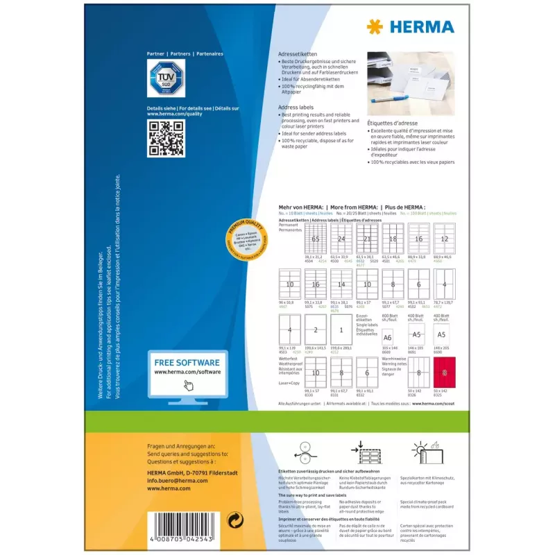 Adresetiketten Premium HERMA A4 38,1x21,2 mm 6500 stuks