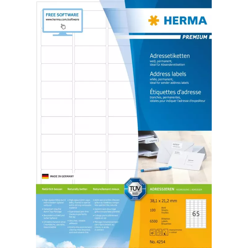 Adresetiketten Premium HERMA A4 38,1x21,2 mm 6500 stuks
