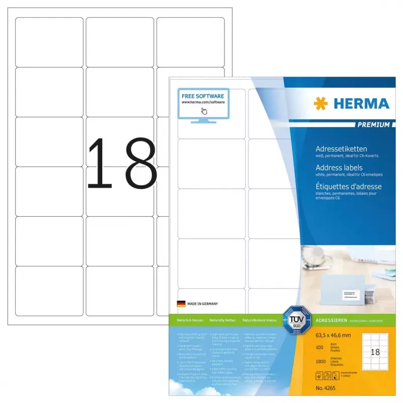 Adresetiketten Premium HERMA 63,5 x 46,6 mm 1800 stuks