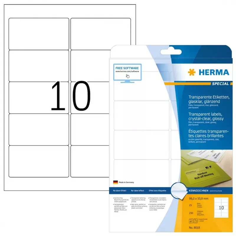 Zelfklevend printeretiket HERMA Labels transparant kristalhelder A4 96x50,8 mm