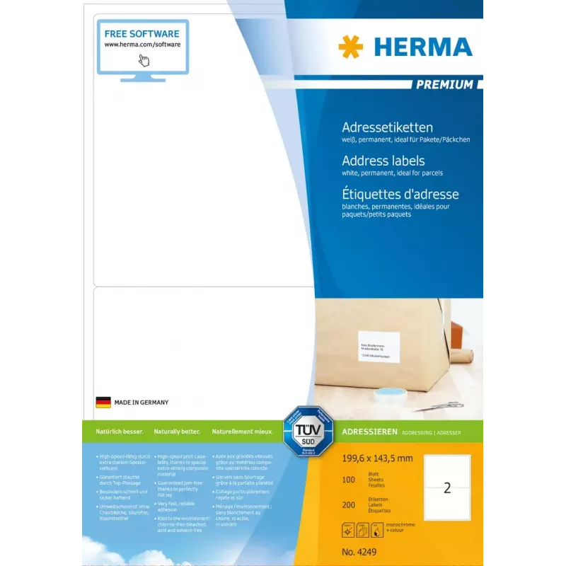 Adresetiketten Premium HERMA A4 199,6x143,5 mm 200 stuks