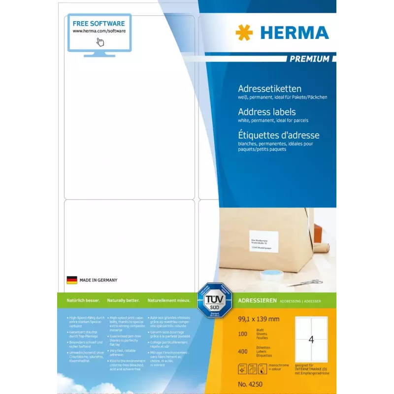 Adresetiketten Premium HERMA A4 99,1 x 139 mm 400 stuks