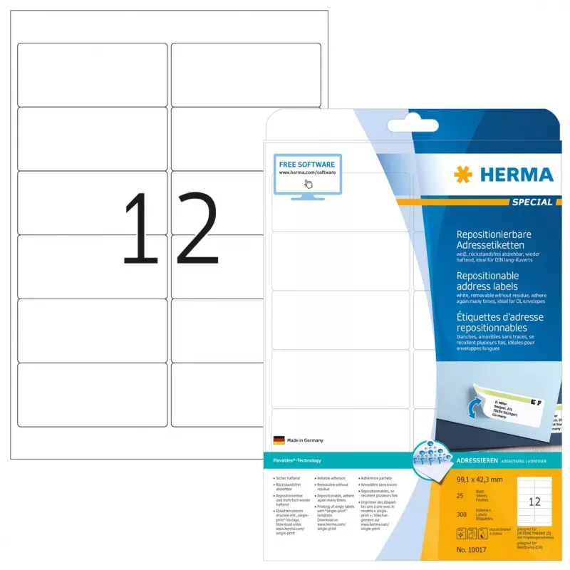 Verwijderbare adresetiketten HERMA 10017 A4 99,1x42,3 mm