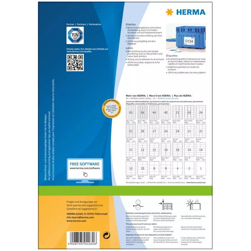 Zelfklevende printeretiketten HERMA Labels Premium A4 210x148 mm