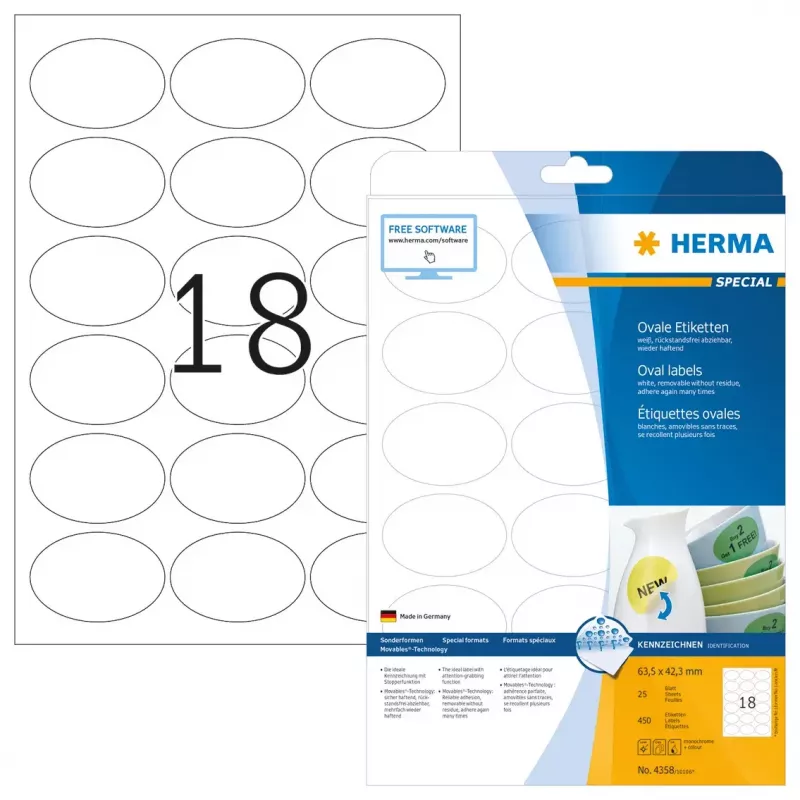 Zelfklevende etiketten HERMA verwijderbaar A4 63,5x42,3 mm 450 stuks