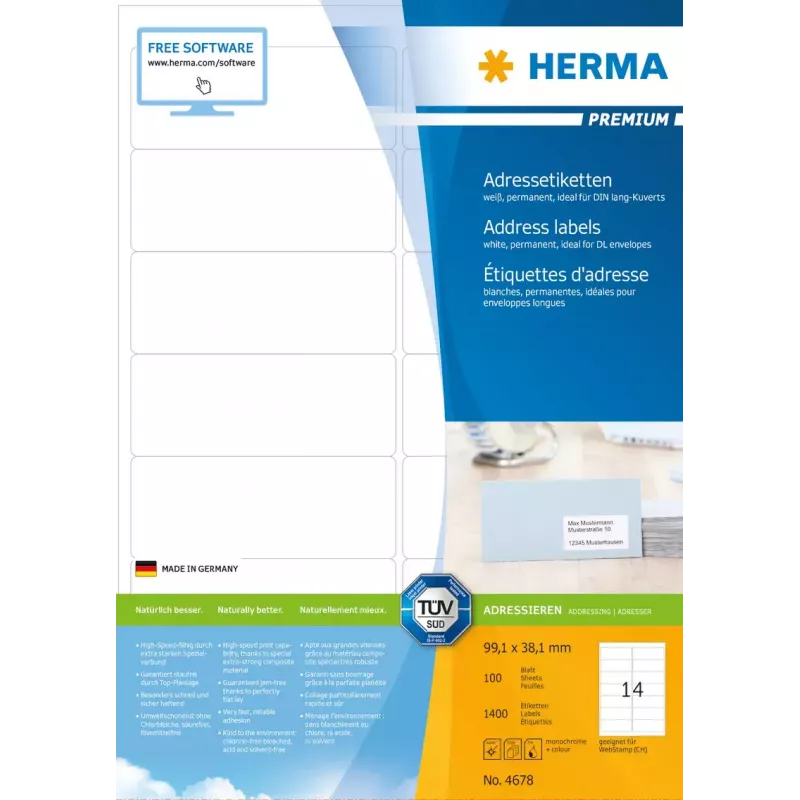 Adresetiketten Premium HERMA A4 99,1x38,1 mm 1400 stuks