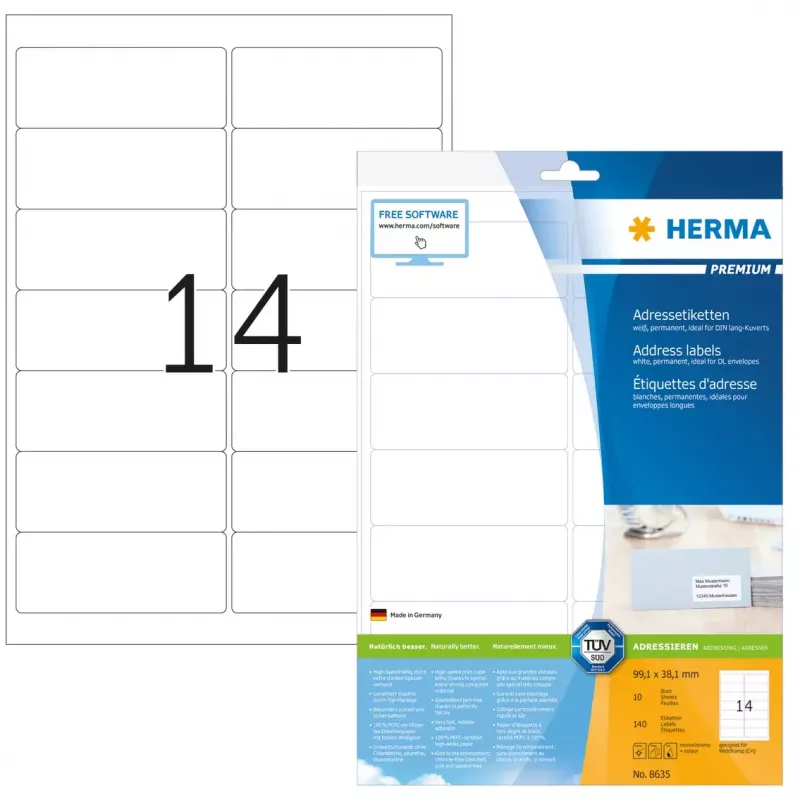 Adresetiketten Premium HERMA A4 99,1x38,1 mm 140 stuks