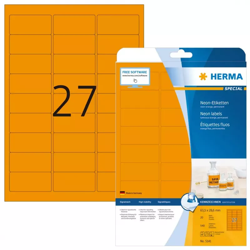 Etiketten HERMA Neon A4 63,5x29,6 mm feloranje 540 stuks