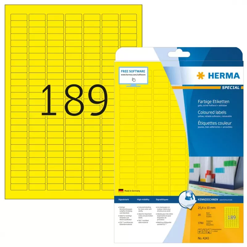 Zelfklevende printeretiketten HERMA Coloured Labels A4 25,4x10 mm geel