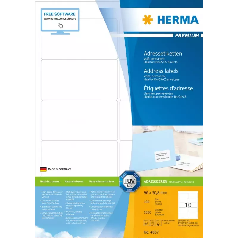 Adresetiketten Premium HERMA A4 96x50,8 mm 1000 stuks
