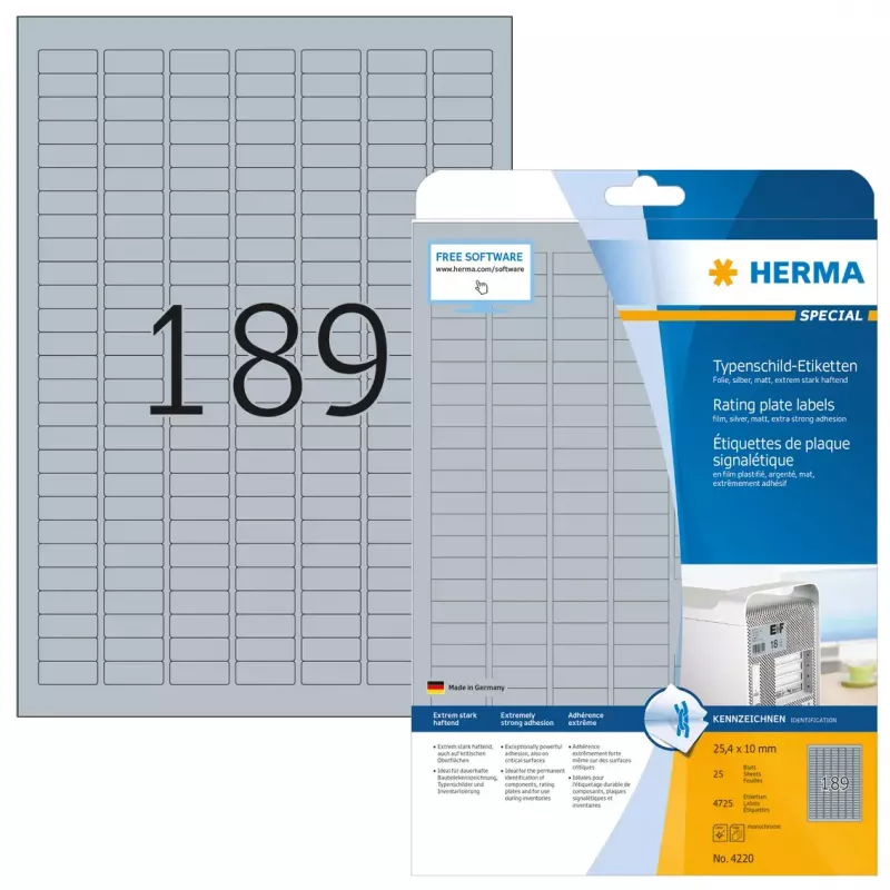 Typeplaatetiketten HERMA 4725 stuks A4 25x10 mm zilver