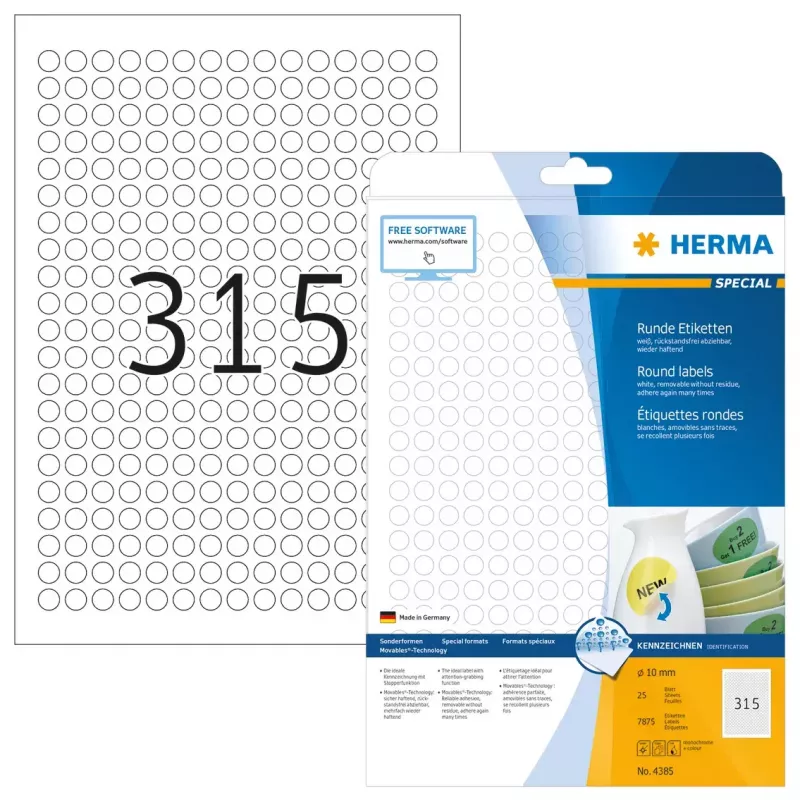 Zelfklevende etiketten HERMA herbruikbaar A4 Ø 10 mm rond wit