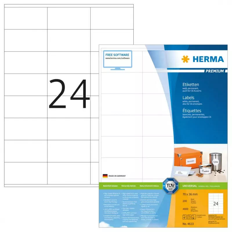 Labels HERMA Premium A4 70x36 mm wit papier mat 4800 stuks