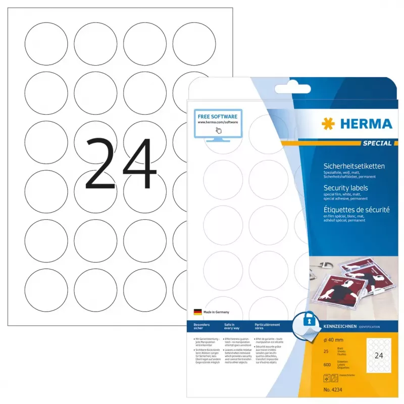 Zelfklevend printeretiket HERMA beveiligingsetiketten A4 Ø 40 mm rond wit