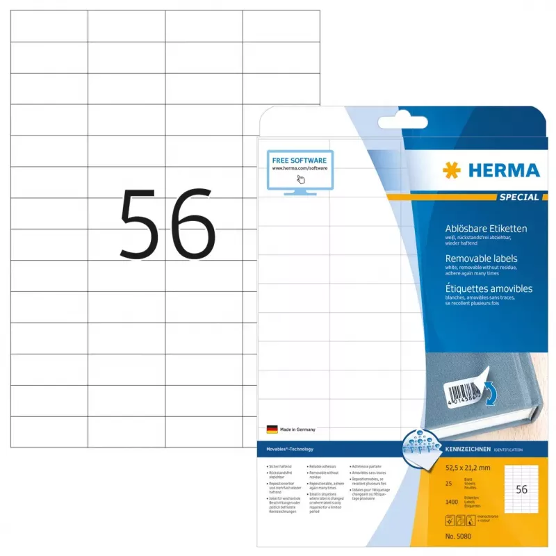 Ablösbare etiketten HERMA A4 52,5x21,2 mm wit 1400 stuks