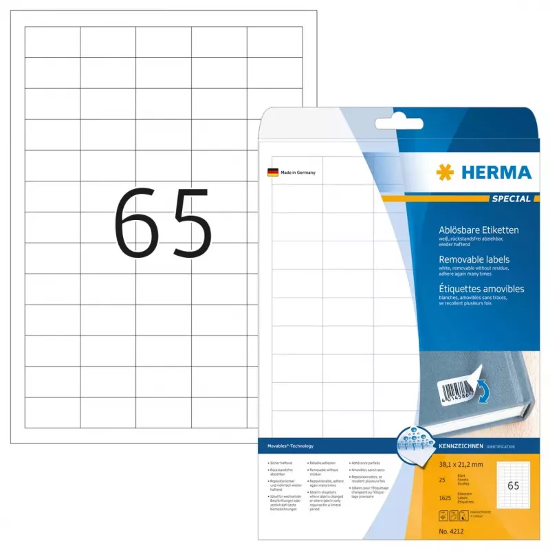 Zelfklevend printeretiket HERMA 1625 stuks A4 38,1x21,2 mm