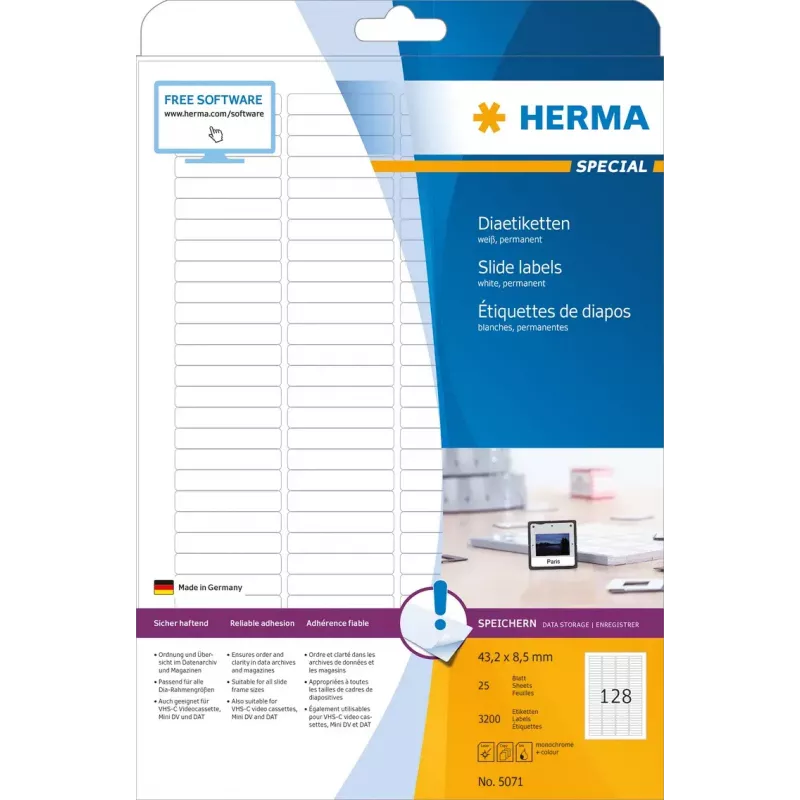 Dia-etiketten HERMA A4 43,2 x 8,5 mm wit papier mat 3200 stuks