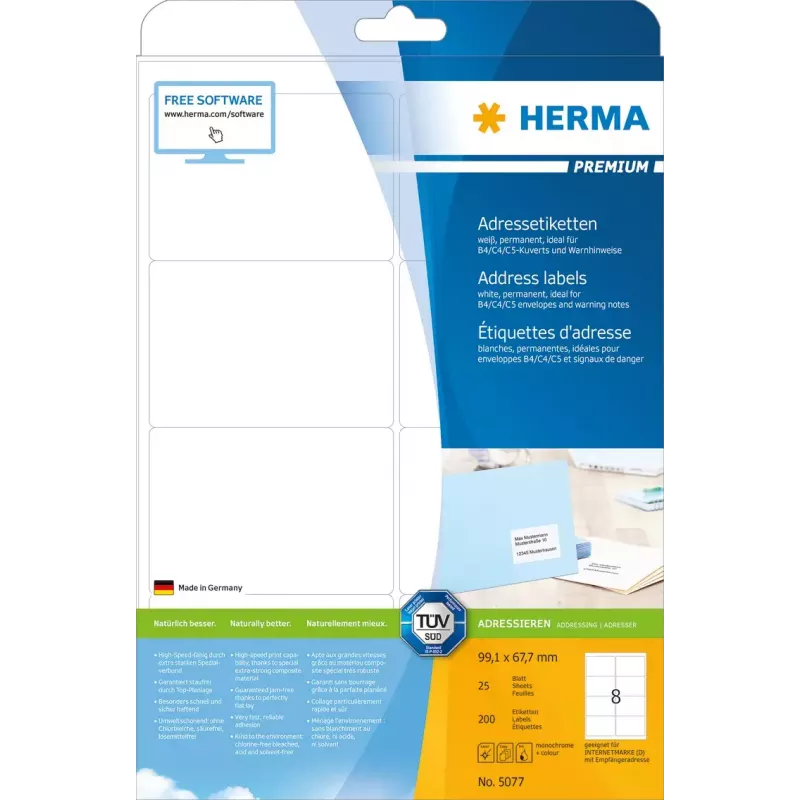 Adresetiketten Premium HERMA 5077 A4 99,1 x 67,7 mm 200 stuks