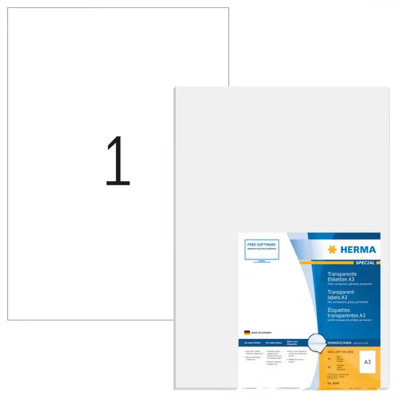Zelfklevende printeretiketten HERMA A3 transparant kristalhelder 50 stuks
