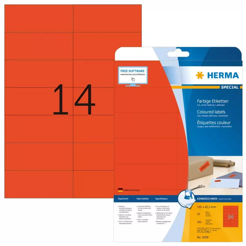 Zelfklevende printeretiketten HERMA gekleurde etiketten A4 105x42,3 mm rood