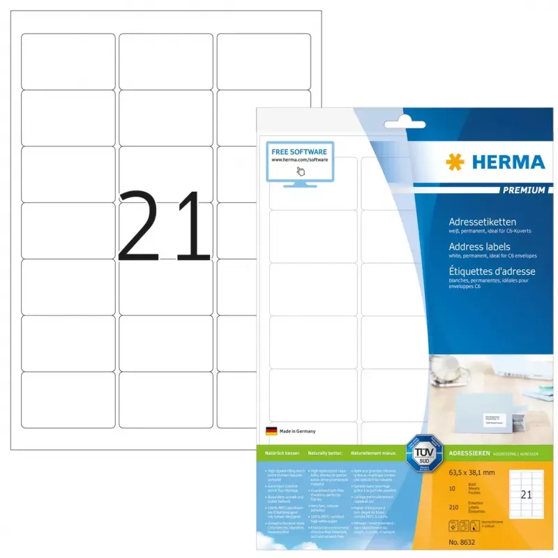 Adresetiketten Premium HERMA A4 63,5x38,1 mm 210 stuks