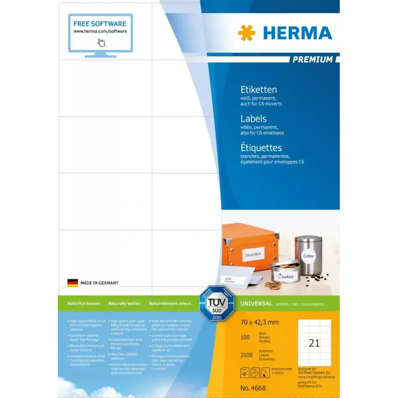 Zelfklevende printeretiketten HERMA Labels Premium A4 70x42,3 mm