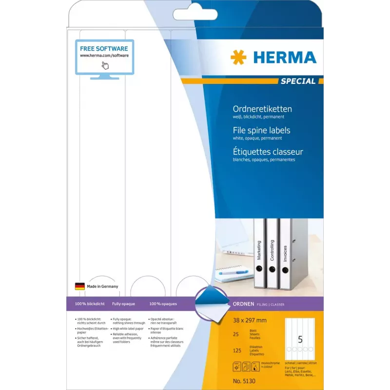Dossieretiketten HERMA A4 38x297 mm wit papier mat dekkend 125 stuks