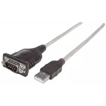Manhattan USB-A naar serieel converterkabel, 45 cm, stekker naar stekker, serieel/RS232/COM/DB9, FTDI FT232RL-chip, Windows 11-compatibel (plus eerdere besturingssystemen), zwart/zilver kabel, drie jaar garantie, komt overeen met ICUSB2321F.