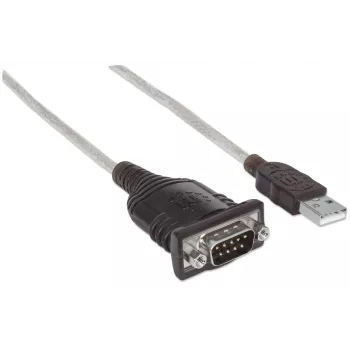 Manhattan USB-A naar serieel converterkabel, 45 cm, stekker naar stekker, serieel/RS232/COM/DB9, FTDI FT232RL-chip, Windows 11-compatibel (plus eerdere besturingssystemen), zwart/zilver kabel, drie jaar garantie, komt overeen met ICUSB2321F.