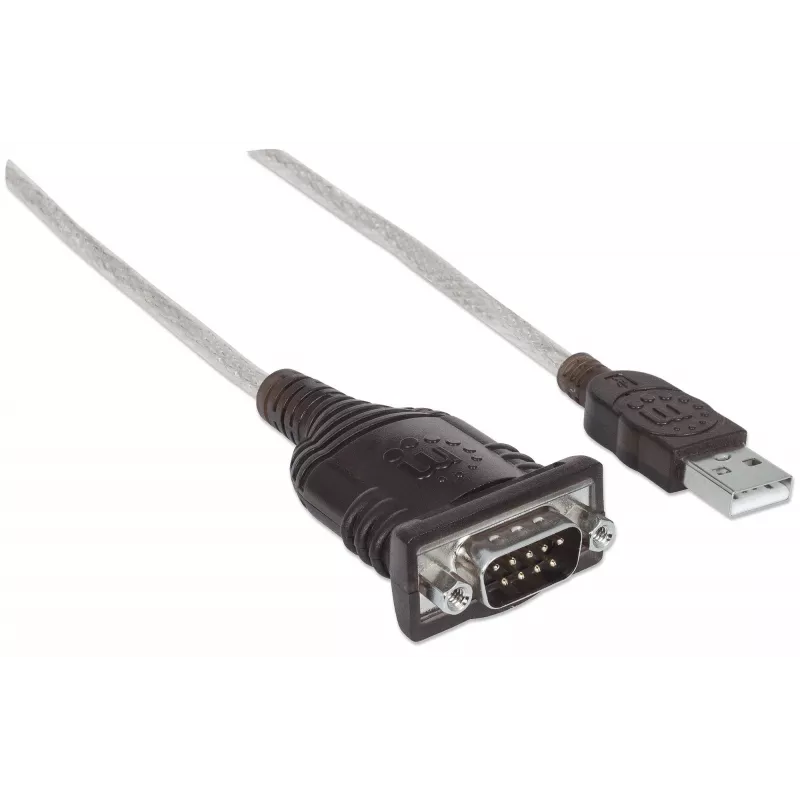 Manhattan USB-A naar serieel converterkabel, 45 cm, stekker naar stekker, serieel/RS232/COM/DB9, FTDI FT232RL-chip, Windows 11-compatibel (plus eerdere besturingssystemen), zwart/zilver kabel, drie jaar garantie, komt overeen met ICUSB2321F.