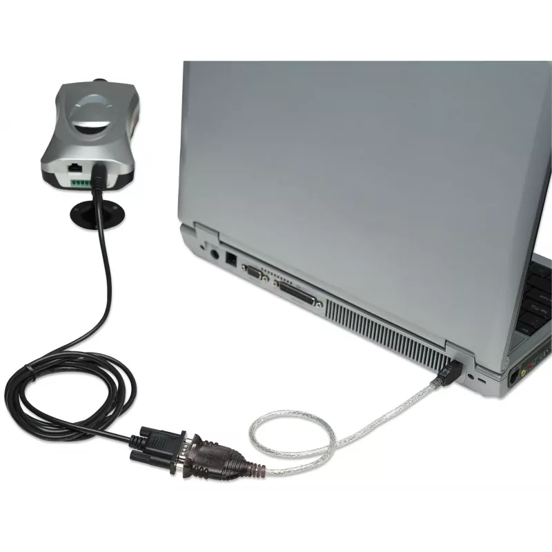 Manhattan USB-A naar serieel converterkabel, 45 cm, stekker naar stekker, serieel/RS232/COM/DB9, FTDI FT232RL-chip, Windows 11-compatibel (plus eerdere besturingssystemen), zwart/zilver kabel, drie jaar garantie, komt overeen met ICUSB2321F.