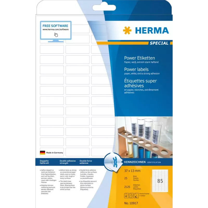 Zelfklevende printeretiketten HERMA A4 37x13 mm wit extra sterke hechting 2125 stuks