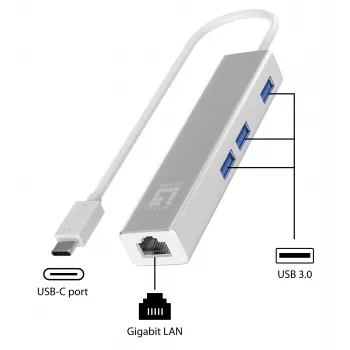 LevelOne Gigabit USB-C netwerkadapter met USB-hub, bedraad, USB Type-C, Ethernet, 1000 Mbit/s, zilver