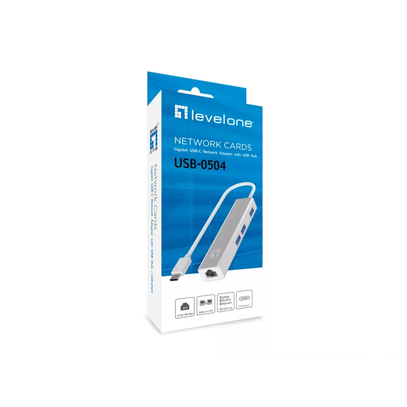 LevelOne Gigabit USB-C netwerkadapter met USB-hub, bedraad, USB Type-C, Ethernet, 1000 Mbit/s, zilver