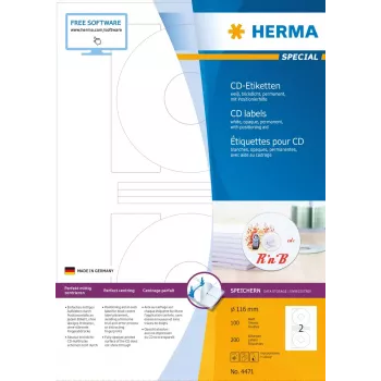 CD-etiketten HERMA A4 Ø 116 mm wit papier mat lichtdicht 200 stuks