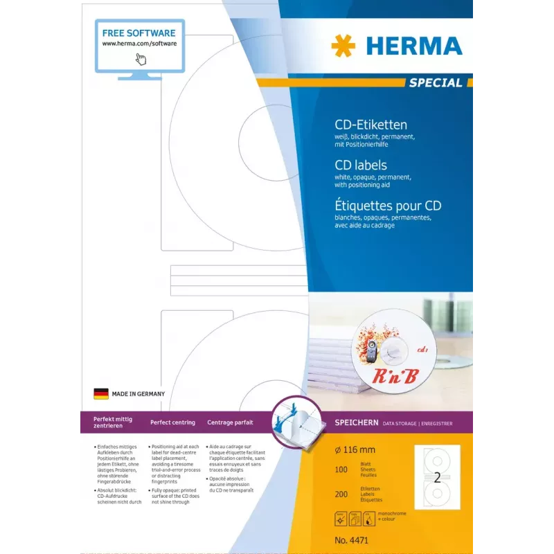 CD-etiketten HERMA A4 Ø 116 mm wit papier mat lichtdicht 200 stuks