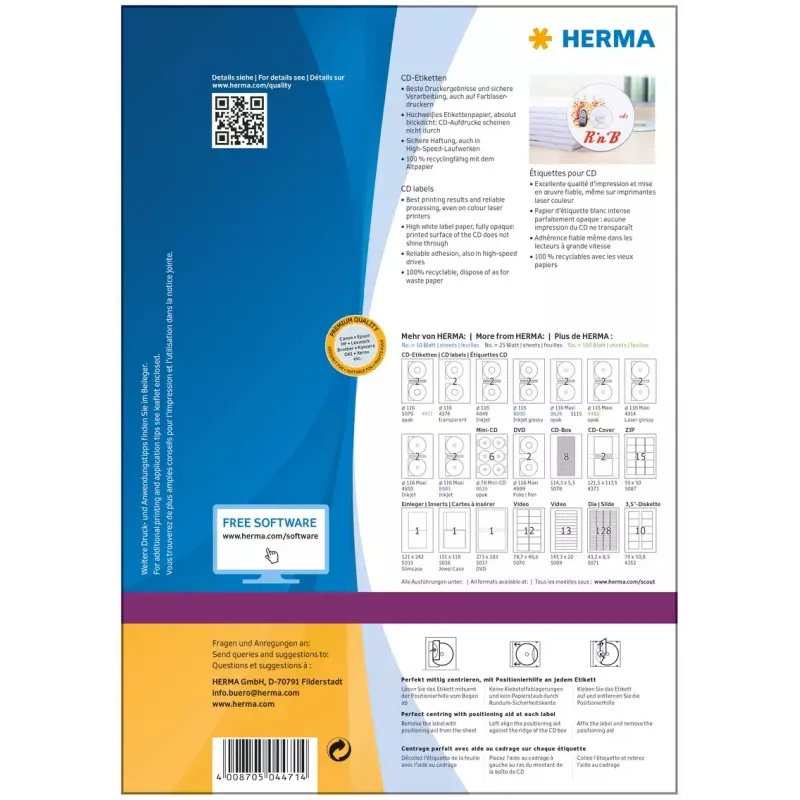 CD-etiketten HERMA A4 Ø 116 mm wit papier mat lichtdicht 200 stuks