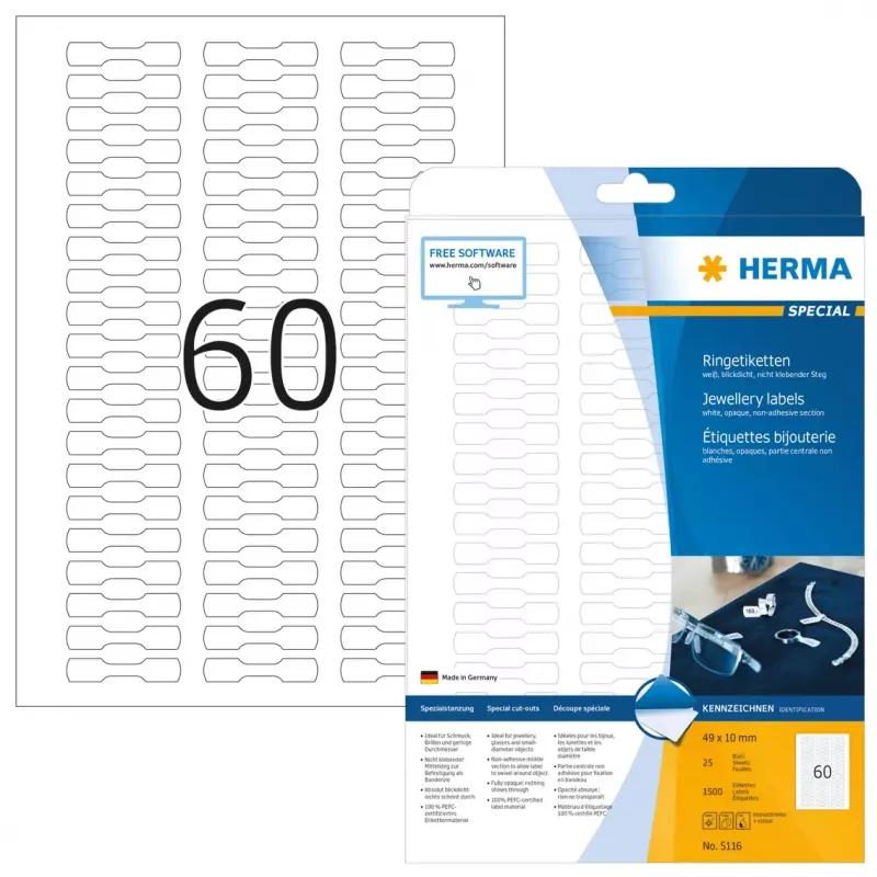 Zelfklevend etiket voor printer HERMA 5116 A4 49x10 mm 1500 stuks
