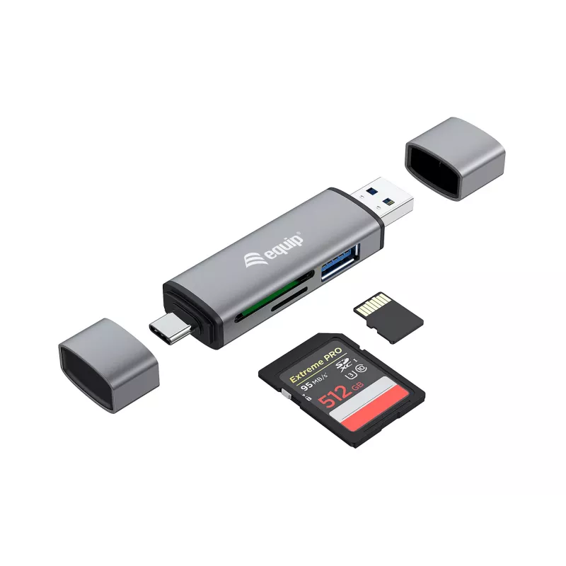 Equip kaartlezer met USB 3.0 hub, OTG, MicroSD (TransFlash), MicroSDHC, SD, SDHC, grijs, CE & RoHS, USB 3.2 Gen 1 (3.1 Gen 1) Type-A/Type-C, 202 mm, 12 mm